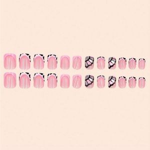 Instantly Upgrade Your Look with 24pcs Short Square Black Spotted Pink Frenchy